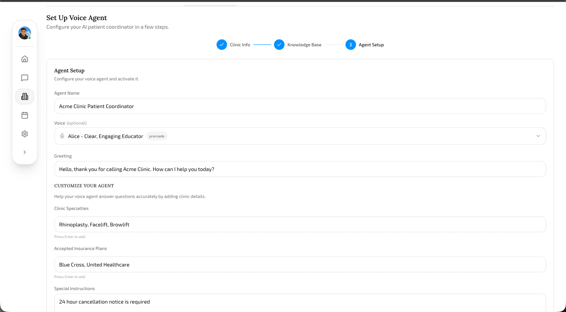 Additional data entry form with agent name, voice, greeting, and specialties