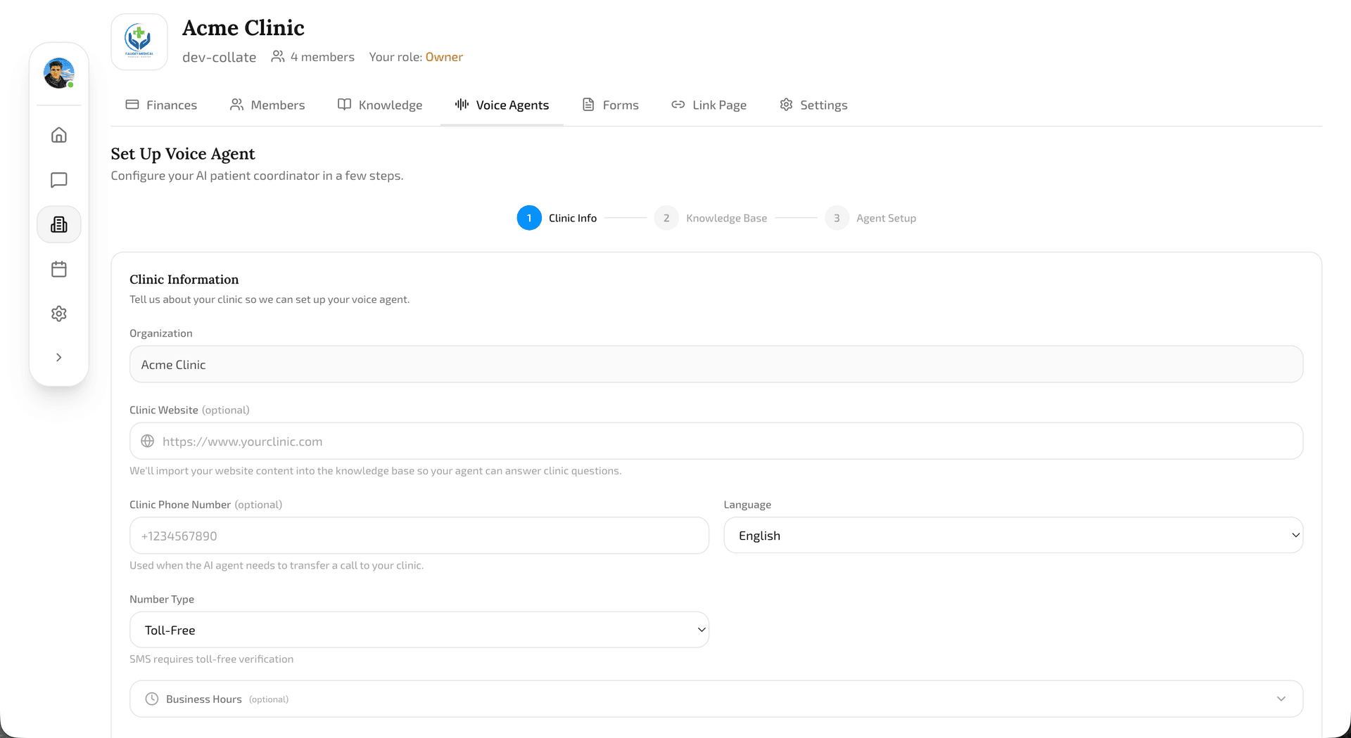 Voice Agent Onboarding Wizard Step 1 — clinic information form