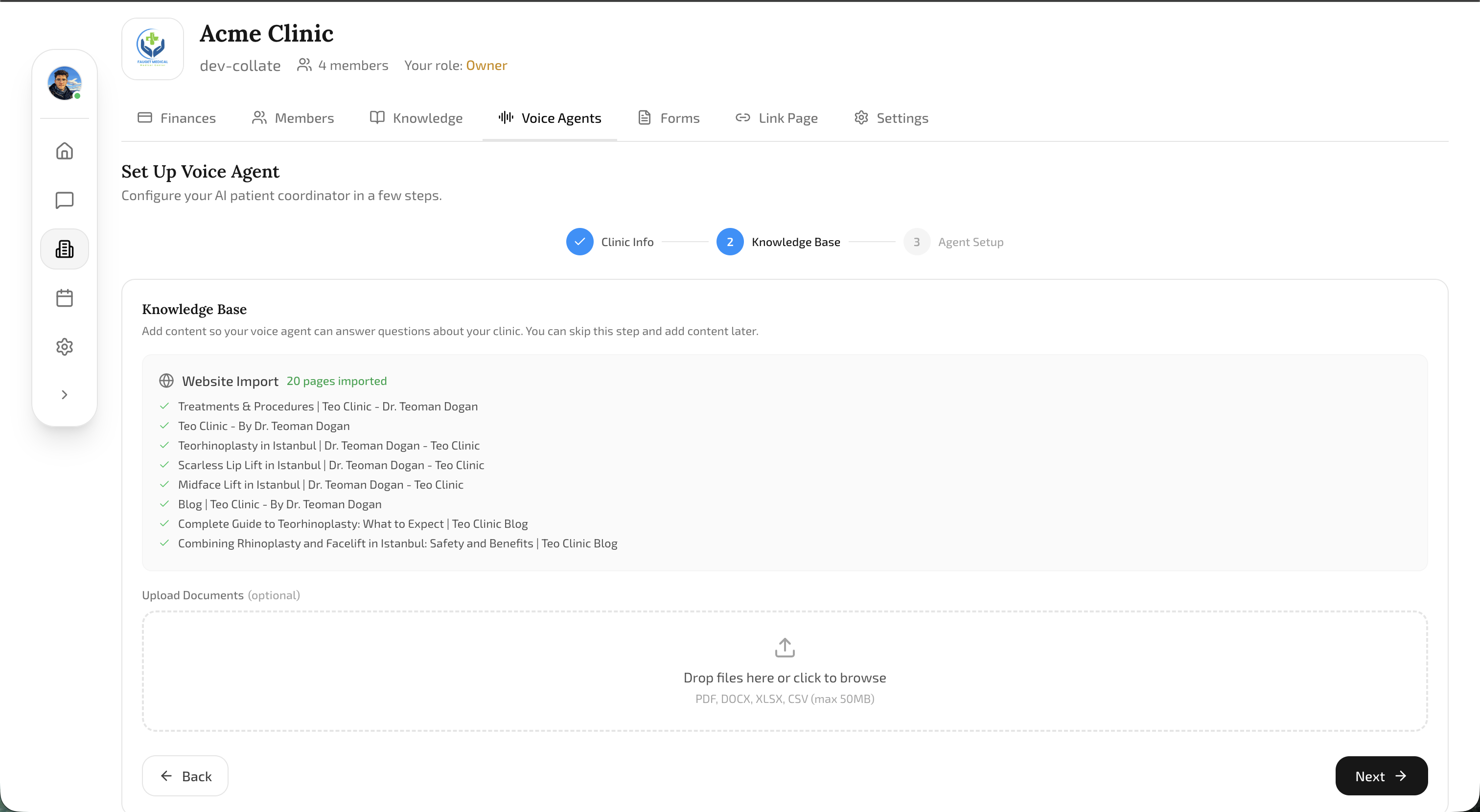 Voice Agent Onboarding Wizard showing 20 pages successfully imported from the website