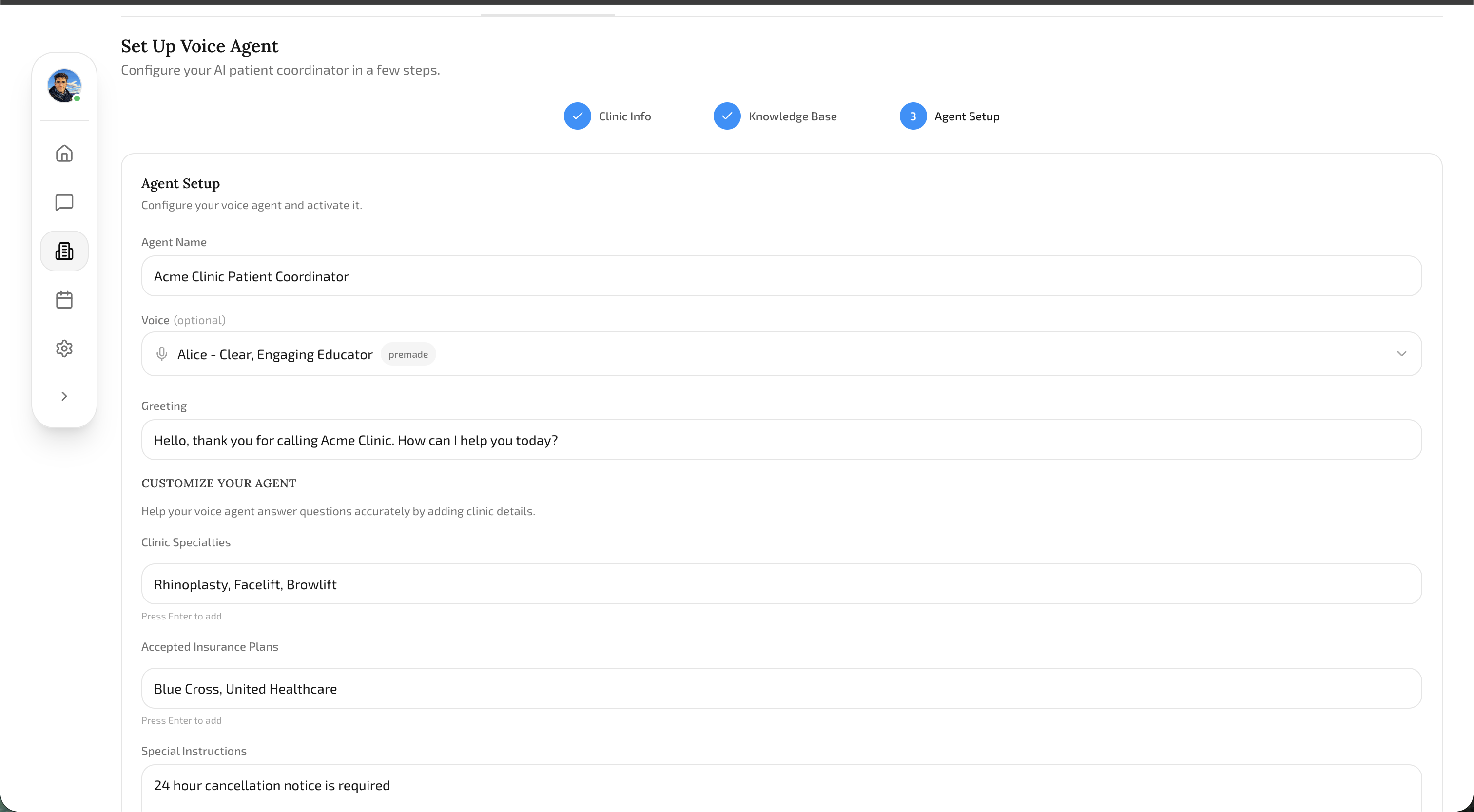 Voice Agent Onboarding Wizard showing the additional data entry form with agent name, voice, greeting, and specialties