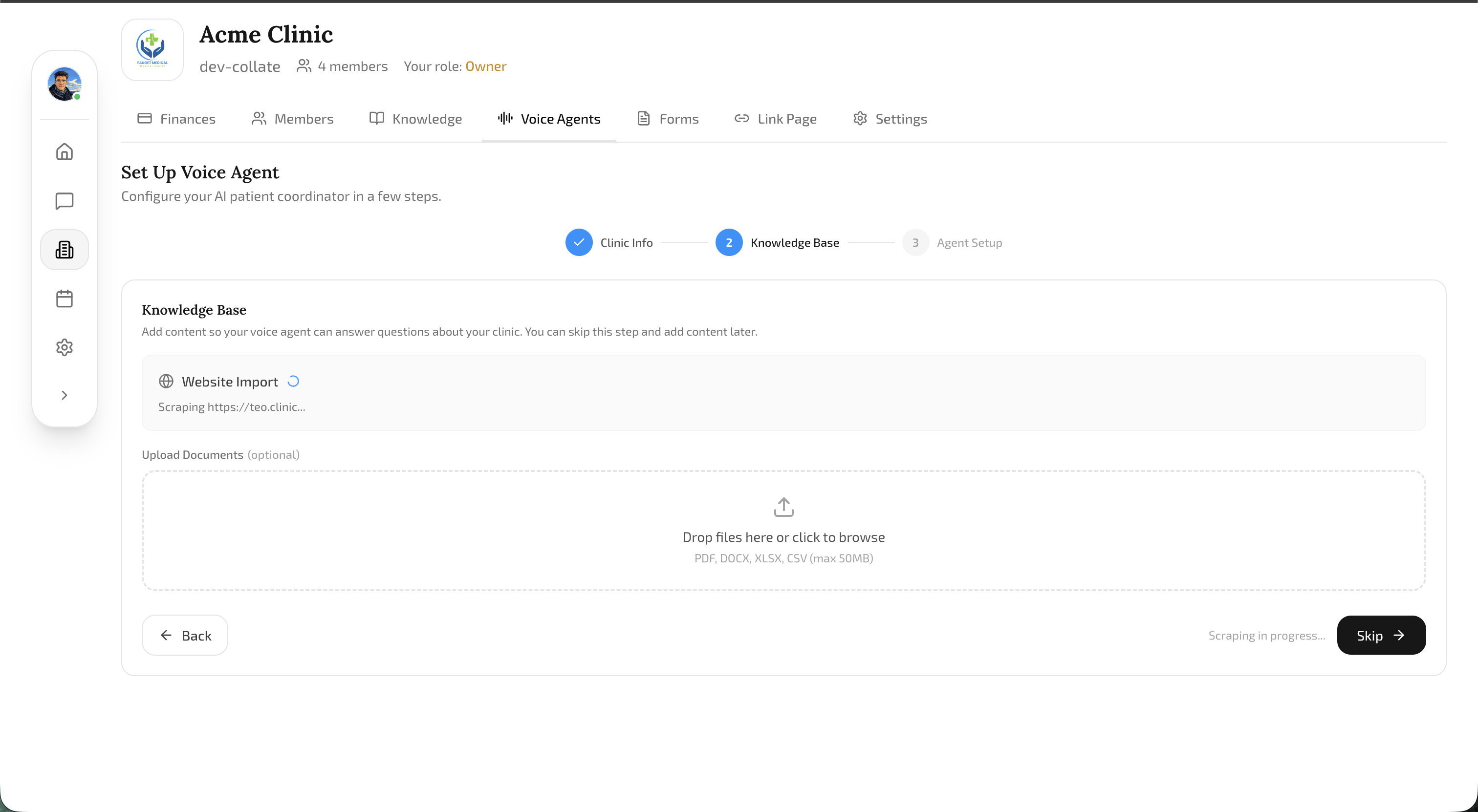 Voice Agent Onboarding Wizard Step 2 showing the agent crawling and scraping website data